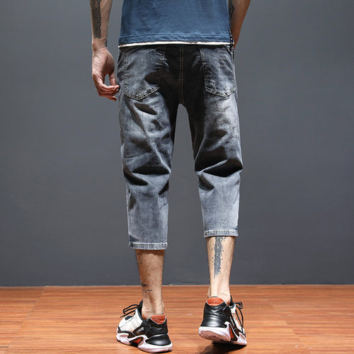 弹力破洞七分裤男士牛仔短裤夏季7分裤男中裤子休闲短裤八分马裤