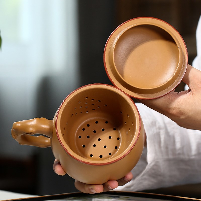 宜兴紫砂杯纯手工带内胆过滤大容量泡茶杯茶水分离原矿段泥梅花杯
