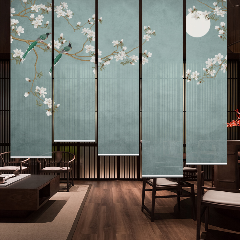 新中式屏风软隔断半透定制玄关客厅帘拉珠悬挂式禅意花鸟卷帘窗帘