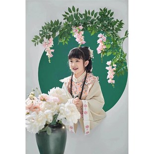 女童汉服春夏明制云肩竖领儿童端庄大气古装浅黄色上衣绿色马面裙