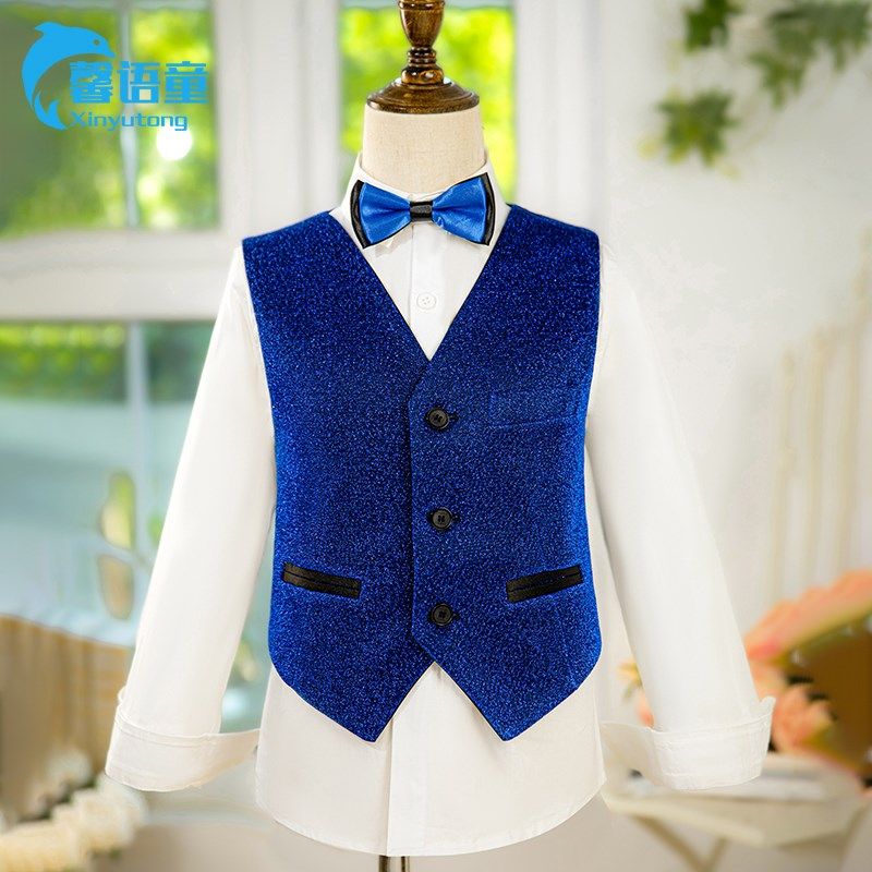 蓝色亮片男童西装套装儿童表演礼服男孩主持人走秀西服钢琴演出服