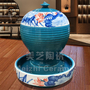 客厅手绘山水喷泉陶罐桌面流水摆件花瓶乔迁礼品循环水景观加湿器