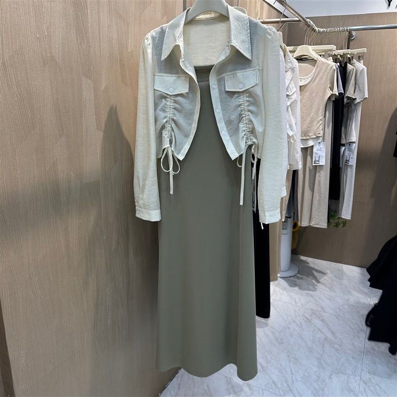 防晒抽绳上衣背心中长款连衣裙套装女2024夏季新款小个子两件套