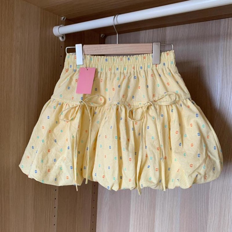 气质温柔风黄色碎花花苞裙蝴蝶结半身裙女大码胖m高腰显瘦a字短裙