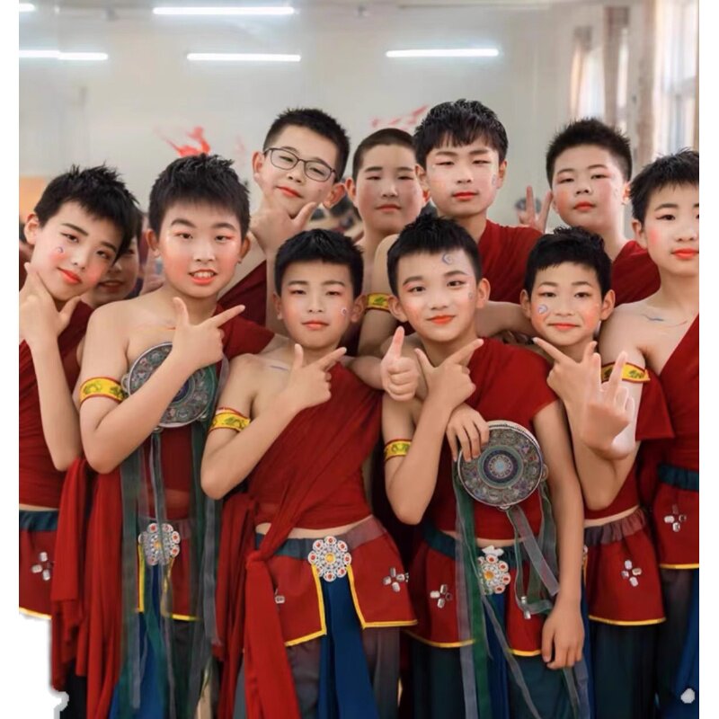 男童飞天乐鼓敦煌舞蹈服装儿童演出服壁画旋鼓飘敦煌上铃鼓舞服装图片