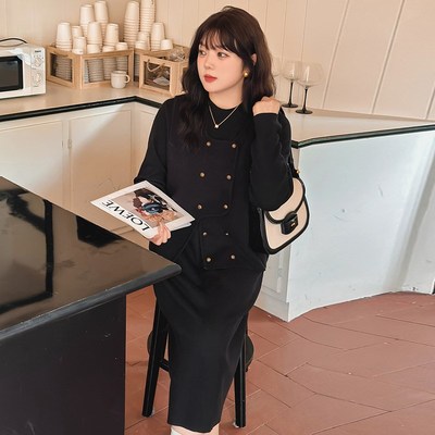 200斤大码女装套装连衣裙外搭马甲2024冬胖mm显瘦针织两件套21927