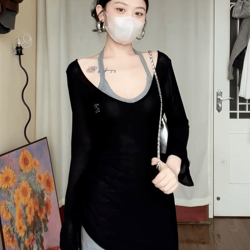 大码胖mm连衣裙2024秋季新款微胖显瘦性感挂脖吊带裙上衣两件套女