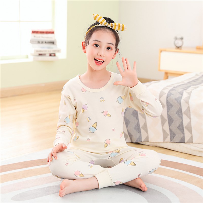 萱泽纯棉儿童低领内衣套装满花两件套纯棉棉毛衫秋衣秋裤套装全棉