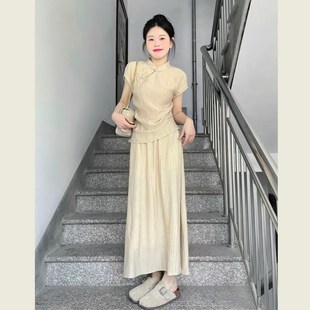 新中式国风旗袍改良版套装盘扣立领上衣高腰半身裙两件套女夏季
