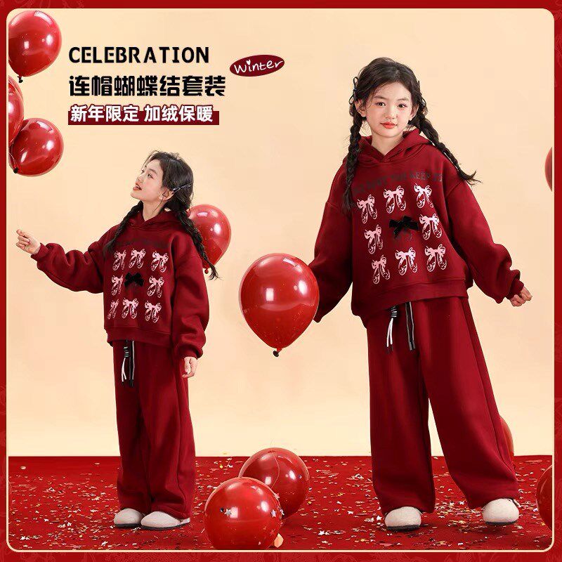女童过年套装2025冬季加绒红色卫衣两件套儿童新年本命年衣服女孩