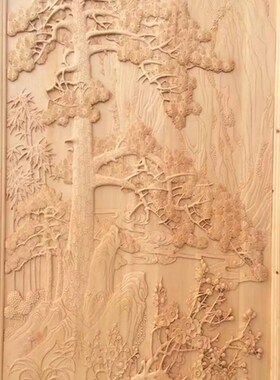 东阳木雕迎客松实木山水手工浮雕通板玄关背景墙
