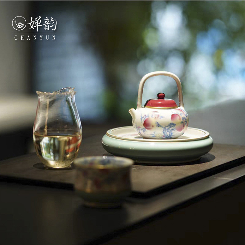 婵韵华隐堂玫瑰红天水碧寿桃提梁壶茶杯壶承单手绘复古茶具