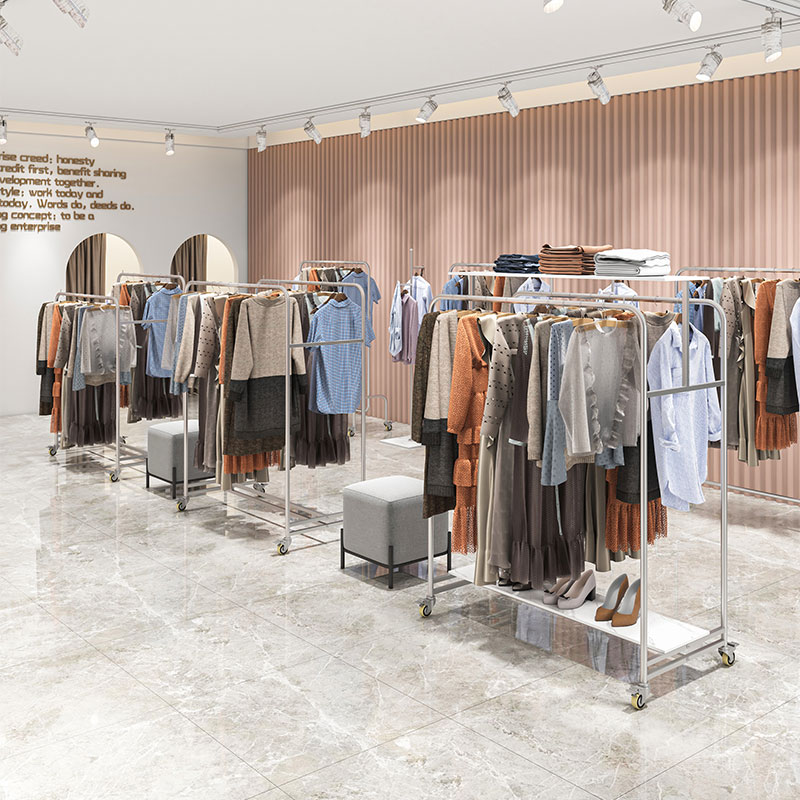 服装店双排中岛展示架童装不锈钢双杠带轮子双层女装店铺中间货架