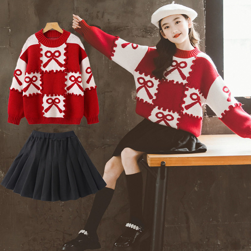 女童连衣裙秋冬款中大童加厚冬季毛衣网红冬装套装裙过年红色裙子