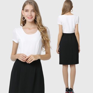 欧美气质大码职业黑白拼接女装春夏季短袖直筒一步连衣裙2025新款