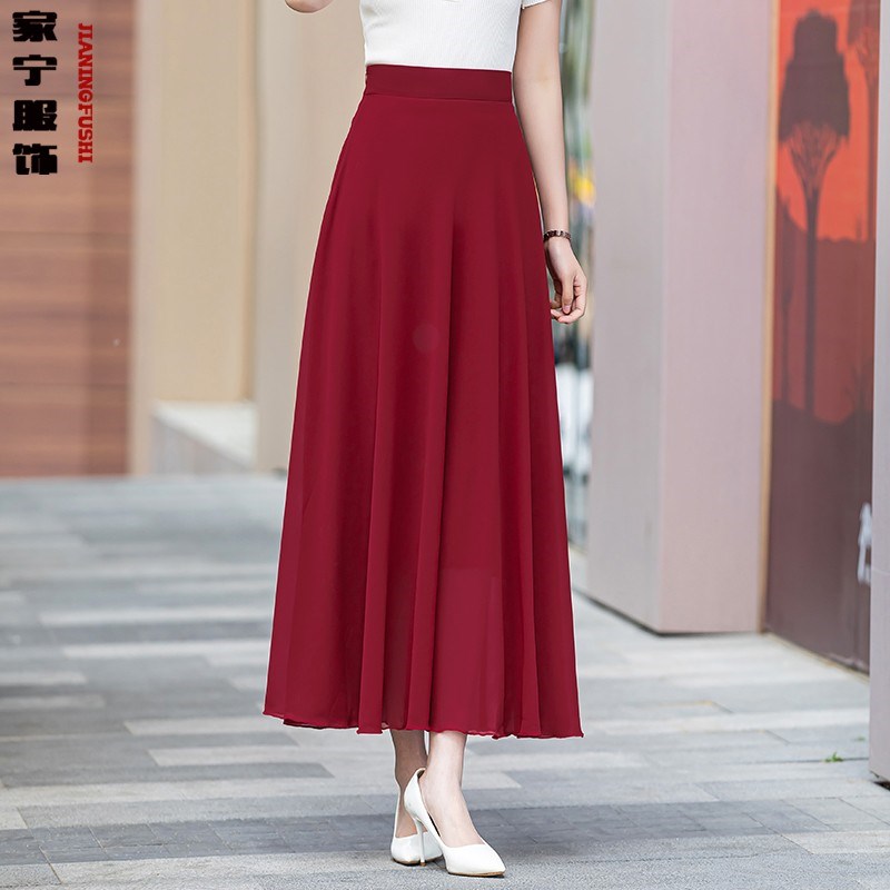 夏季新款酒红色雪纺半身长裙女高腰A字大摆裙气质大码广场舞裙子