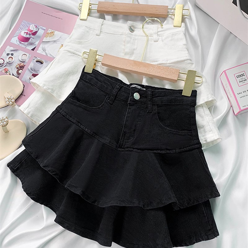 女童白色牛仔半身裙宝宝荷叶边蛋糕裙2024春秋新款儿童松紧腰短裙