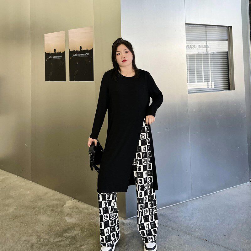 大码女装长袖开叉T恤200斤高个子秋季胖妹妹mm宽松中长款百搭上衣