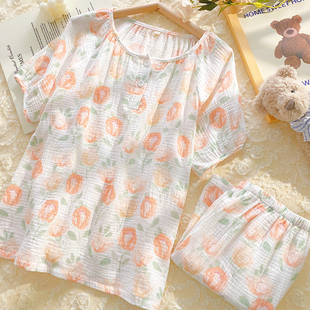 棉纱睡衣女款夏季短袖短裤泡泡棉蔷薇小花家居服透气圆领纱布套装