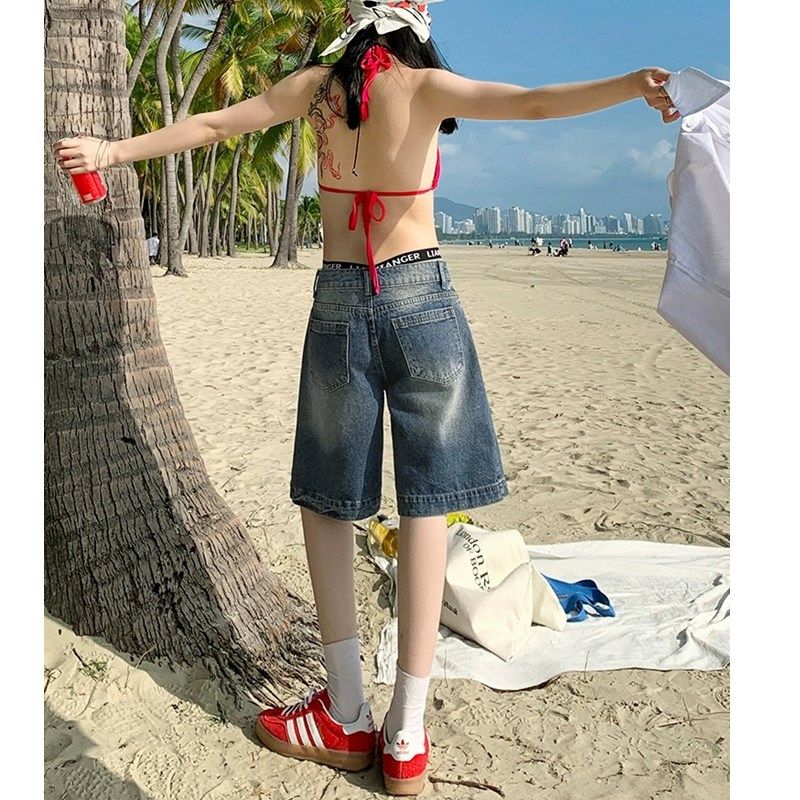 复古低腰牛仔短裤女春夏薄款2024年新款宽松显瘦阔腿直筒五分裤子