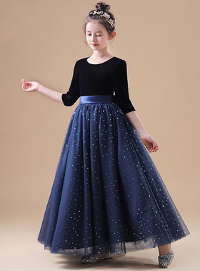 女童大码礼服黑色公主裙儿童婚纱蓬蓬纱花童走秀主持人钢琴演出服