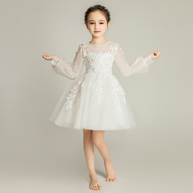 女童晚礼服公主裙长袖儿童婚纱裙子小花童模特走秀钢琴表演服秋冬