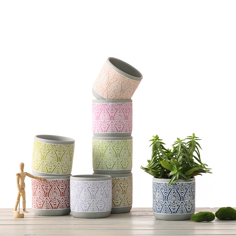 机雕拼色黑桃花纹红陶花盆北欧风创意设计陶土手工小花盆多肉绿植