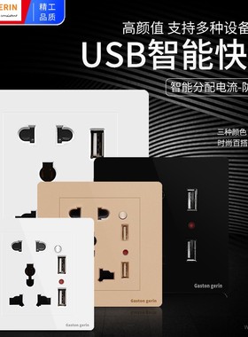 86型暗装家用白色黑色金色双USB插座2.1A两口带开关5五孔插座面板