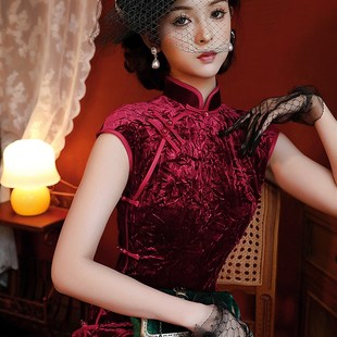 酒红色旗袍新款2023新款女秋冬中式新娘结婚敬酒服回门长款连衣裙