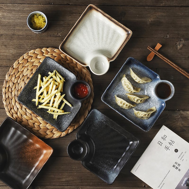 大号饺子盘带醋碟陶瓷分格碟创意日式餐具家用方形水饺盘子托盘子
