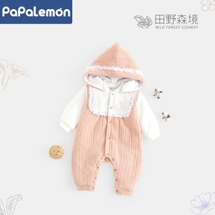 柠檬爬爬女宝宝棉服冬季加厚保暖连帽连体衣婴儿夹棉外出可爱冬装