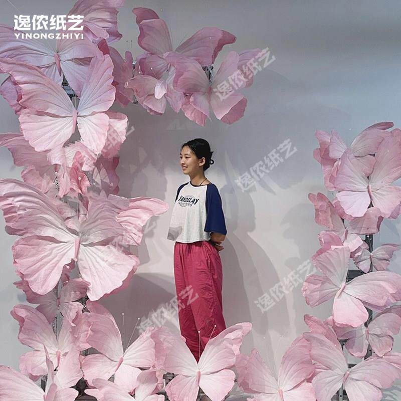春季天蝴蝶美陈装置仿真立体真丝纸艺花商场布置道具橱窗婚礼装饰
