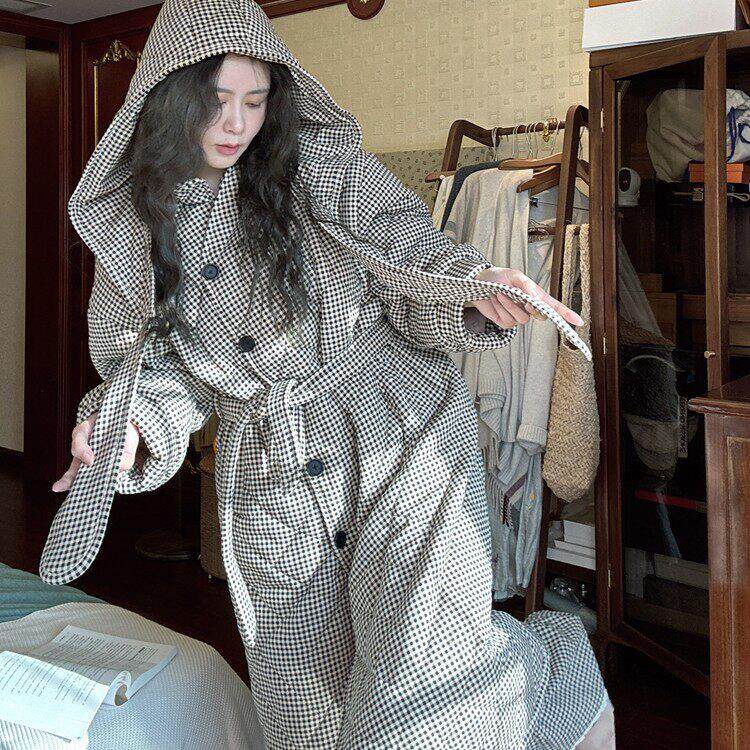 大梦睡袍秋冬季加绒加厚三层铺棉睡衣女款连帽格子长款浴袍家居服