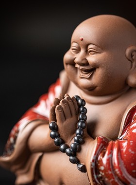 中式禅意紫砂弥勒佛陶瓷摆饰家居客厅茶室博古架大肚笑佛装饰佛像