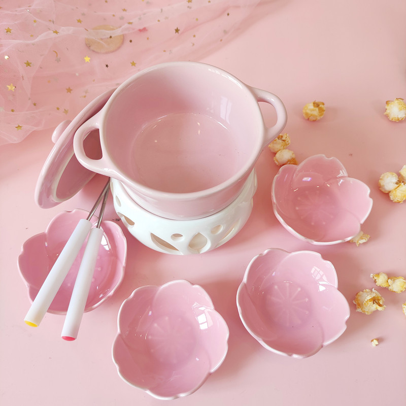 陶瓷巧克力火锅炉套装粉色带盖小冰淇淋甜品火锅炉子芝士融化炉