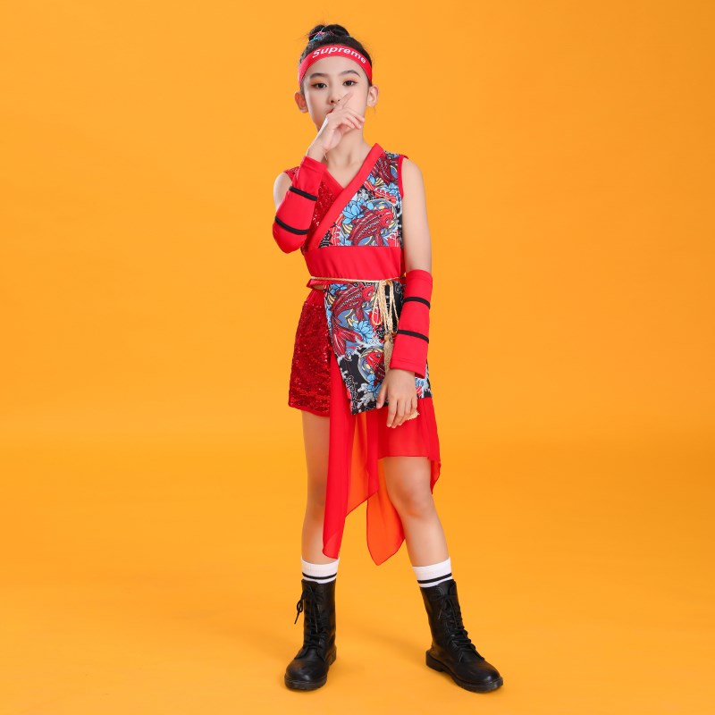新品儿童中国风爵士舞演出服走秀街舞国潮蓝色旗袍男女啦啦操服装