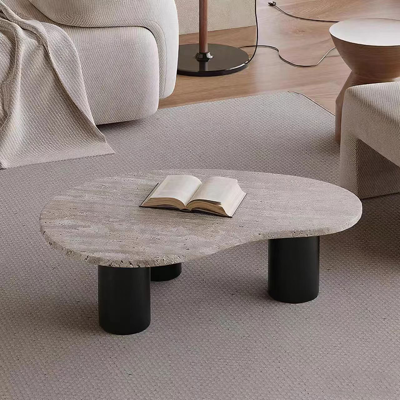 侘寂风实木天然洞石茶几组合套几复古中古家用小户型简约客厅桌