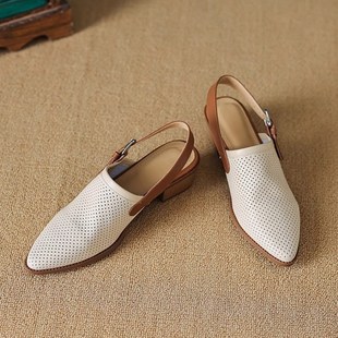 镂空中跟粗跟尖头百搭不累脚后空女鞋 新款 女2025夏季 真皮包头凉鞋