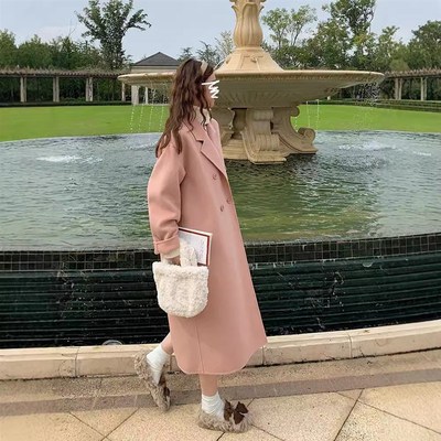 2023秋冬新款粉色双面羊绒大衣小个子甜美风绵羊毛中长款毛呢外套