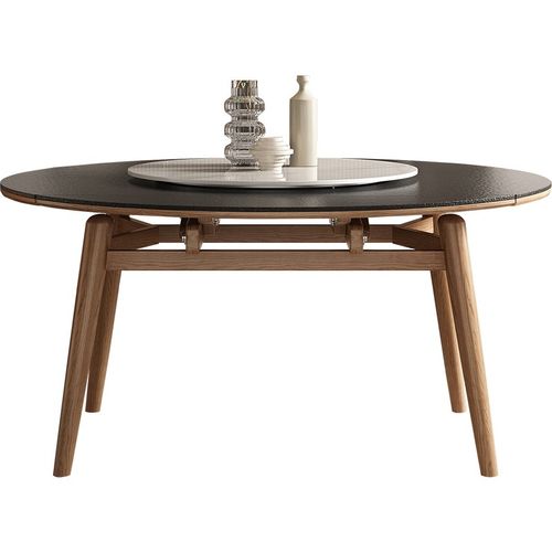 可折叠伸缩变圆桌轻奢北欧岩板y餐桌现代简约火烧石餐桌实木吃饭