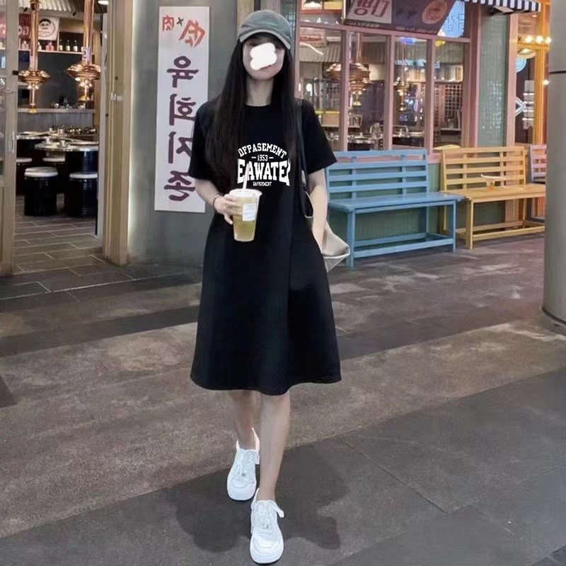 夏季爆款宽松减龄套头T恤裙2024新款时尚洋气卡通中长款连衣裙女