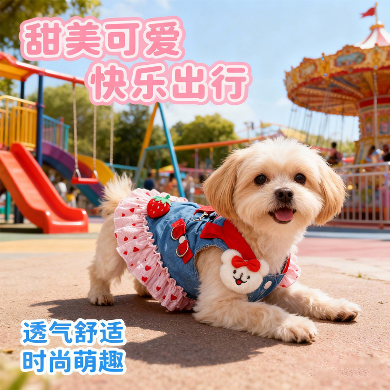 可爱中小型犬泰迪比熊博美宠物狗胸背带可牵引牛仔玩偶连衣裙