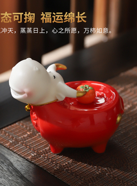 东方泥土牛柿大吉红牛招财摆件陶瓷茶室办公室工位解压装饰工艺品
