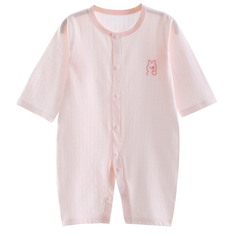 夏季开衫婴儿暗扣连体衣纯棉01-2岁新生儿长袖爬服透薄无骨空调服
