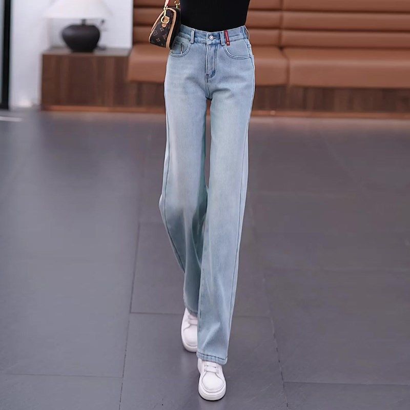 浅蓝色窄版阔腿牛仔裤女春季2025年新款高腰宽松直筒女裤春秋长裤
