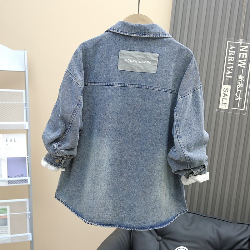 儿童个性拉链口袋牛仔衬衫男童春装开衫薄外套翻领衬衣潮童装夹克