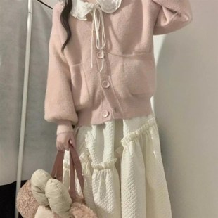 胖薯大码温柔系套装女秋冬小个子粉色毛衣外套娃娃领连衣裙两件套