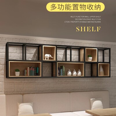 工业风铁艺墙上装饰置物架多层格子书架实木墙面壁挂收纳架展示架