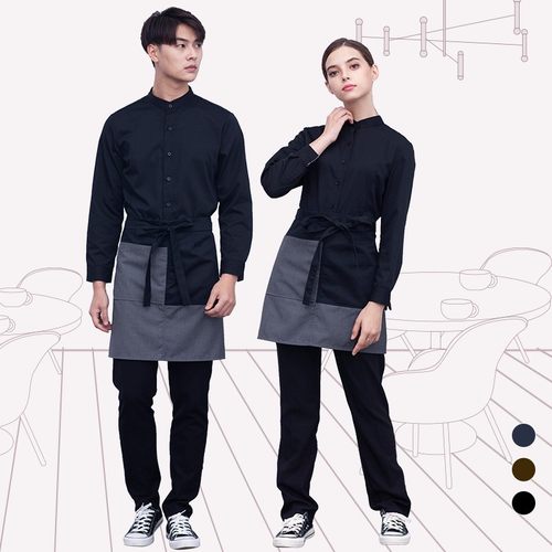 2021新款饭店中西餐厅服务生员工作服时尚小立领长袖衬衫围裙套装