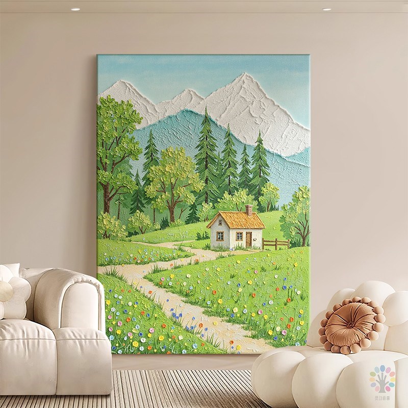 奶油风温馨纯手绘油画治愈系客厅装饰画唯美风景玄关丙烯肌理挂画图片